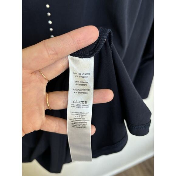 Chico's navy blue layered blouse 2/medium 3/4 sleeve relaxed studded date career - Picture 4 of 5